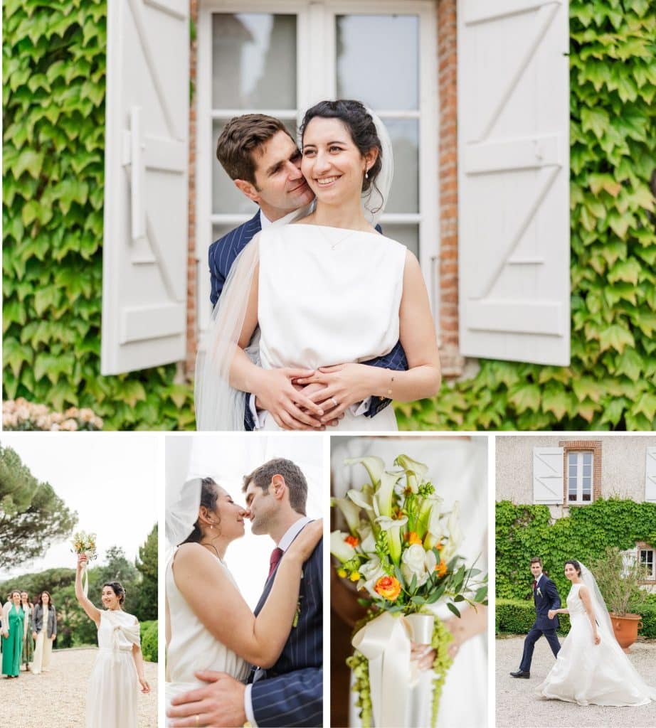 Un colage de 5 photos de mariage avec un couple sur les 5 photos, photos très vertes